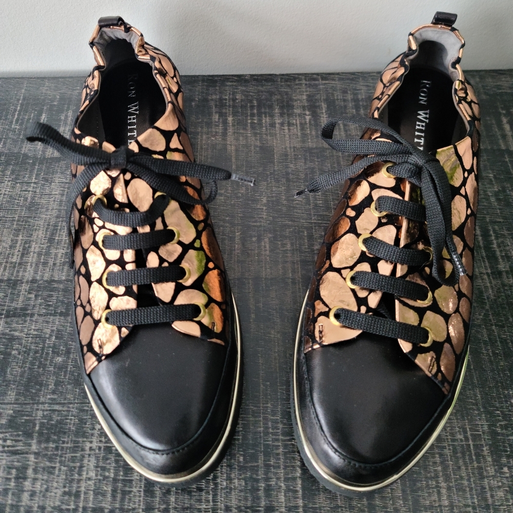 NWOT Ron White Black Leather & Rose Gold Sneakers